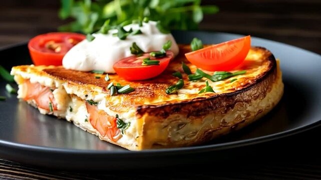 Egg frittata slice with tomato and herb toppings on dark plate close up
