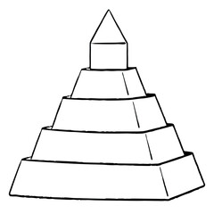 Black and white drawing of a multi-level pyramid consisting of several truncated pyramids stacked on top of each other. Children's coloring