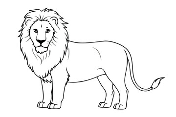 Black and white outline drawing of a majestic lion with a thick mane, standing in profile on a white background. Coloring for children