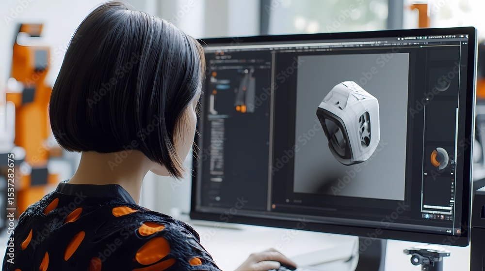Aufkleber woman focusing on 3d modeling on a computer screen.