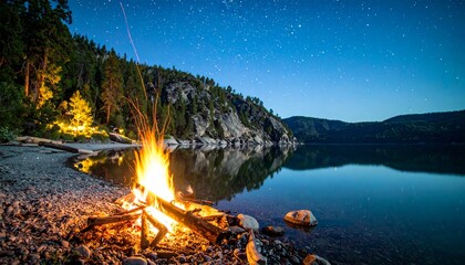 Campfire by a Tranquil Lake Under a Starry Night Sky