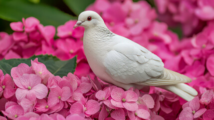 White dove perched on pink hydrangea flowers with green foliage in the background