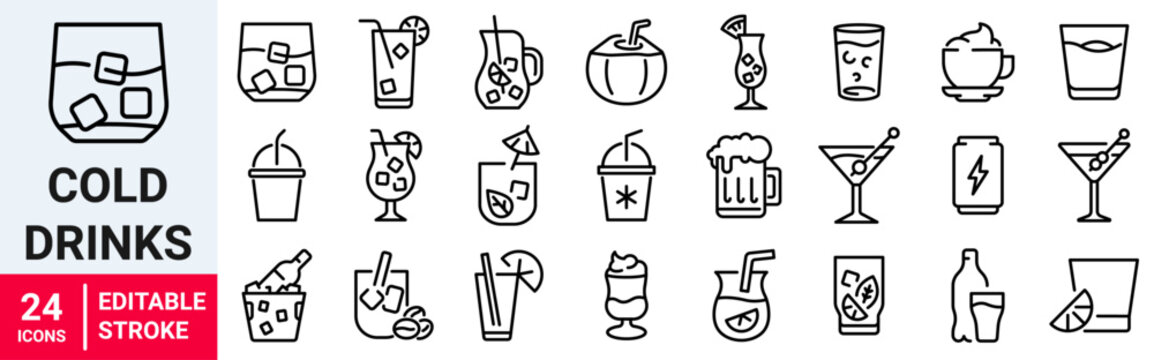 Cold drinks web line icons. Sparkling water, iced coffee. Vector illustration. editable stroke