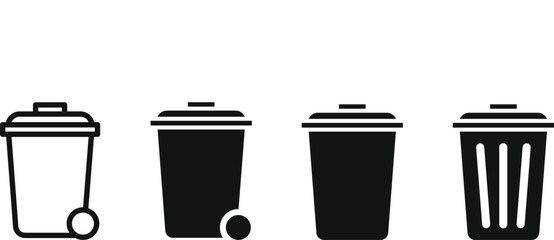 Solid style icons of waste management: trash bin, compost bin, recycling bin, bin with lid, waste bag, garbage schedule, sort waste icon