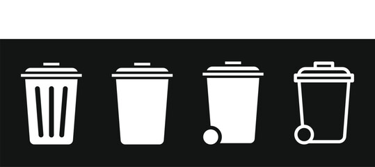 Solid style icons of waste management: trash bin, compost bin, recycling bin, bin with lid, waste bag, garbage schedule, sort waste icon