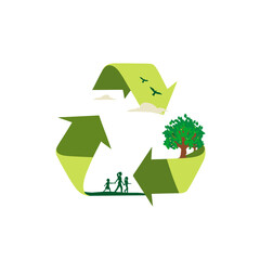 Obraz premium A lime green recycling symbol depicts a family of three walking together in silhouette, accompanied by a large leafy tree, clouds and flying birds