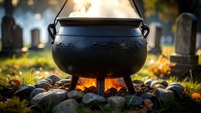 Steaming cauldron over open fire in a spooky cemetery, grave stones and smoke creating a mystic setting and atmosphere.