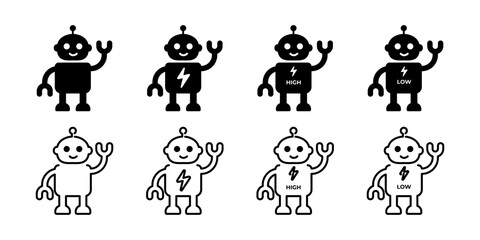 Robot charging icons in flat and outline vector styles. Technology and automation charging symbol collection