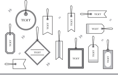 Blank hanging labels templates set black color.Realistic Cardboard label,tags,shopping gift card with string collection.Price tag or gift tags in different shapes craft and different colors