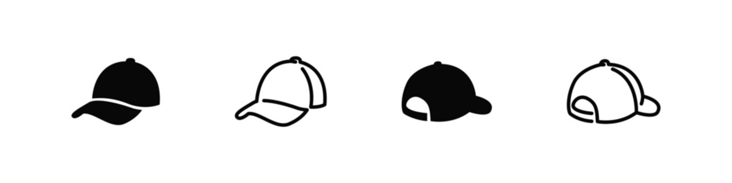 Hat icons in front and back view in flat and outline styles. Headwear symbol collection for fashion and casual themes