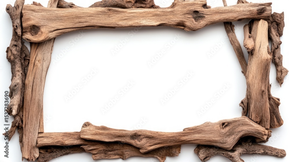 Poster driftwood frame on white background for rustic design and creative projects