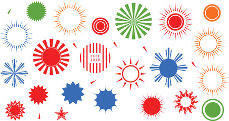 sun icon set, sunshine and solar glow, sunrise or sunset. Decorative circle full and half sun and sunlight. Hot solar energy for tan. Vector