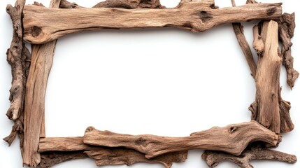 Driftwood frame on white background for rustic design and creative projects