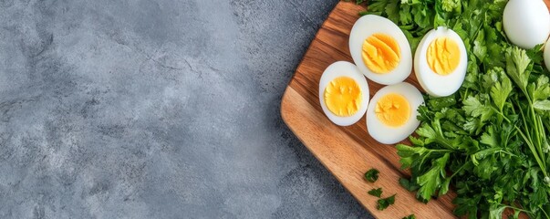 Halved hard boiled eggs with fresh herbs on wooden board