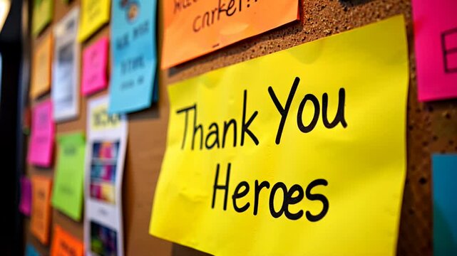 Community expresses gratitude to heroes with colorful notes on a corkboard in a local gathering space