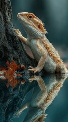 Unique reptile perched on a mossy rock beside calm water reflects in serene autumn landscape