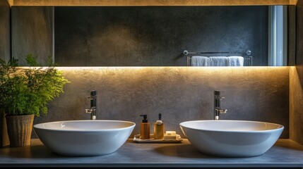 A large mirror behind twin basins reflecting ambient lighting and clutter-free setup