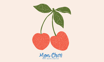 Sweet cherry artwork. Cherry fruit print. Cherry love. Organic food artwork for for t-shirt. Fruit vintage t-shirt design. Start fresh day.