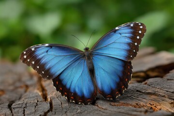 Blue Morpho butterfly rests on weathered wood striking blue wings  brown borders stand out against a blurred green backdrop