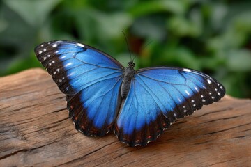 Blue morpho butterfly with whitespeckled wings rests on a textured wooden surface against a green foliage background
