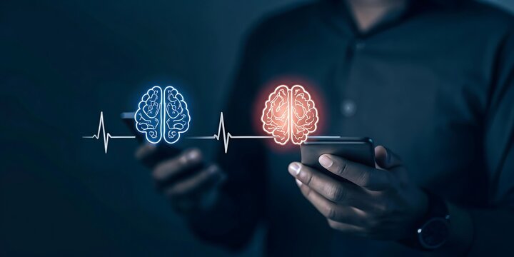 Neon illustration of two human brains in blue and red, connected by a heartbeat line, symbolizing the balance between emotions and logic in a creative visual representation, Brain research