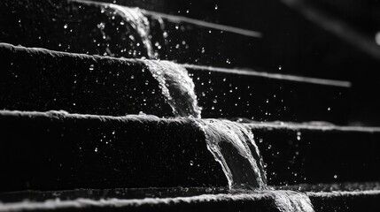 Close-up of rain splashing onto concrete steps, small streams forming between cracks