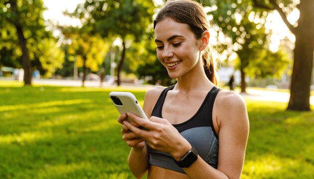 Young sportswoman texting on mobile phone while relaxing in park - Powered by Adobe
