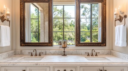 Decorative bathroom mirror with bronze frame above granite counter and spotless basin