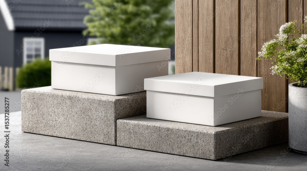 Poster two square white boxes are stacked with greenery resting on top, situated on a concrete podium in a 