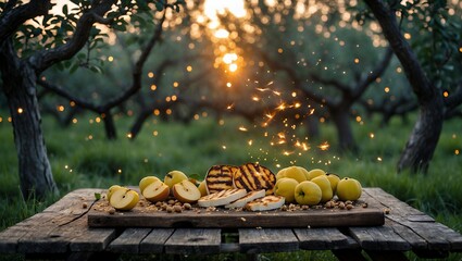 Grilled Fruit and Quince Slices on a Wooden Board in Orchard