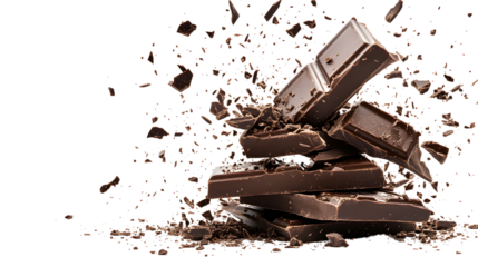 Delicious dark chocolate bar pieces exploding with abstract artistic background