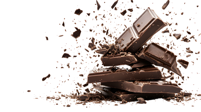 Delicious dark chocolate bar pieces exploding with abstract artistic background
