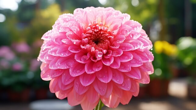 A vibrant pink dahlia in full bloom, close-up with delicate water droplets on its petals, background softly blurred in pale green tones, the flower glistening under natural sunlight.