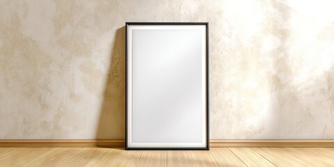 A large vertical poster frame against a light tan minimalist wall - blank white in frame