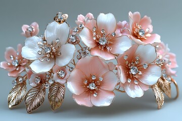 Elegant floral crown with pink and white enamel flowers and crystal embellishments, gold leaves