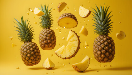A close up of a yellow background with four whole pineapples and one cut in half. The pineapples are floating in the air, with one of them being cut in half. Concept of freshness and abundance