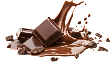 Delicious chocolate splash with pieces of dark chocolate isolated on white background