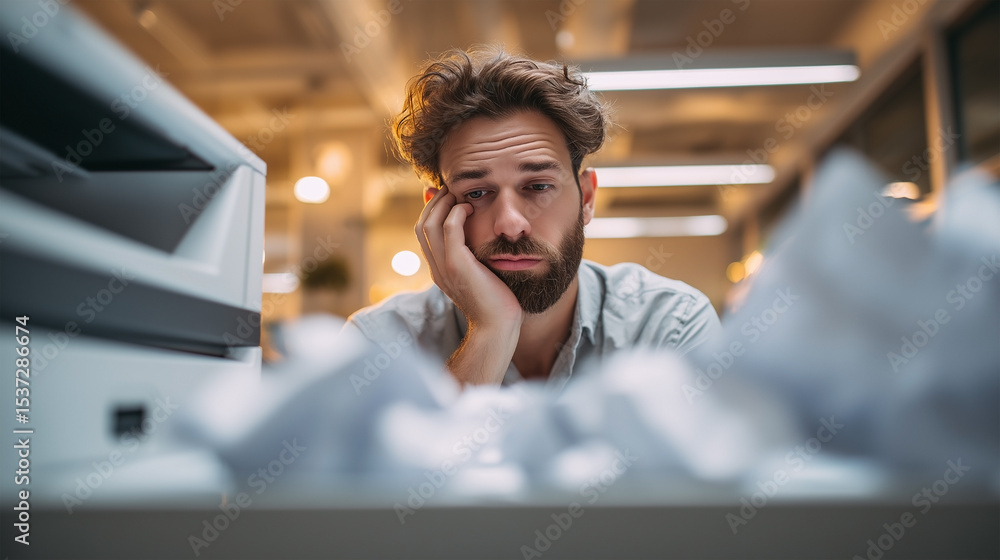 Poster a man is sitting at a desk with a stack of papers in front of him
