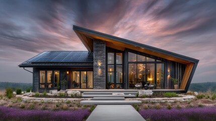 Fototapeta premium Sleek contemporary house with solar panels and modern design