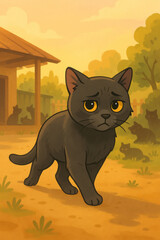 Cartoon-style illustration of a sad black kitten with expressive amber eyes walking through the yard of a shelter. In the background is warm evening ligh 