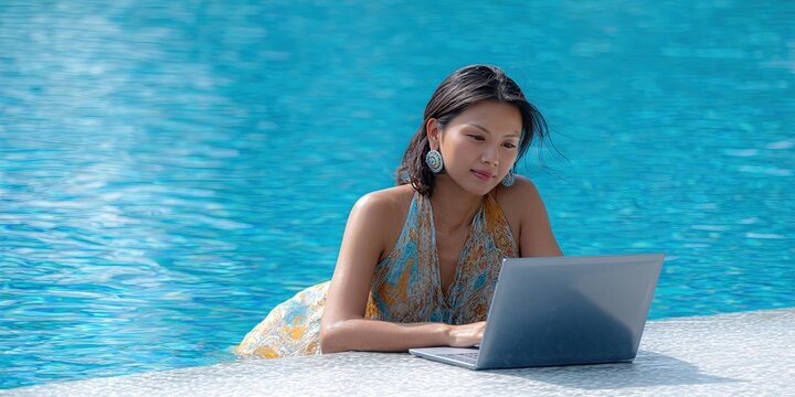 photo of asian american woman, dynamic angle working on laptop poolside - Powered by Adobe