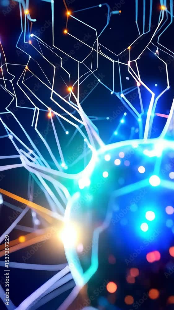 Poster abstract depiction of a neural network with connections and data flow, resembling biological neurons