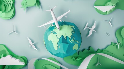 A conceptual view of Earth's renewable energy in sustainable energy-efficient aquaponics systems, illustrated in an aquaponics vitality art style, Simplified paper art illustration of