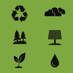 Eco-Friendly Icons Set with Recycling, Solar Panel, Cloud, Tree, Leaf, and Water Drop Symbols