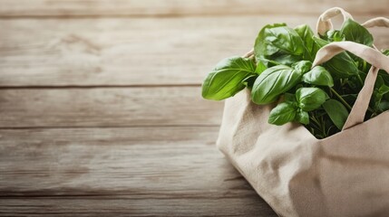 Fresh green basil in cloth shopping bag on wooden tabletop for food content
