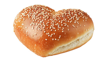 Heart shaped sesame bun with golden crust and sprinkled sesame seeds isolated on white background