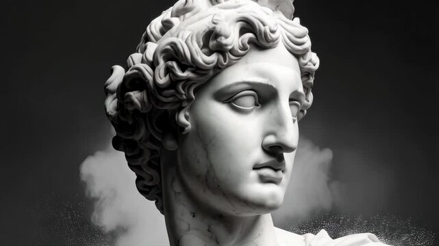 Elegant white marble sculpture of a man with curly hair against a soft grey background with subtle smoky texture