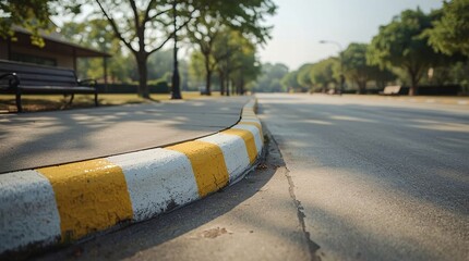 Red and white curb, No parking zone, Raised curb, Curved view, Highway, Diagonal road, Wide road, Lane divider, Parking lot, Sidewalk, Pavement, Waiting area, Traffic, Practice parking, Driver's licen