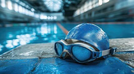 Swim cap and goggles placed beside a starting block at a competition swimming pool