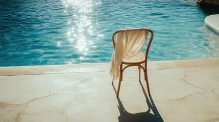 Fototapeta premium Towel draped over a chair at the side of a pool, background showing blue water and shadows